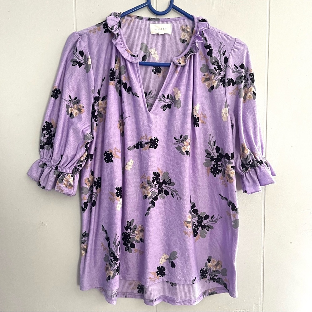 Melloday Floral Lilac Purple Blouse Short Sleeve Henley Business Top Woman’s S